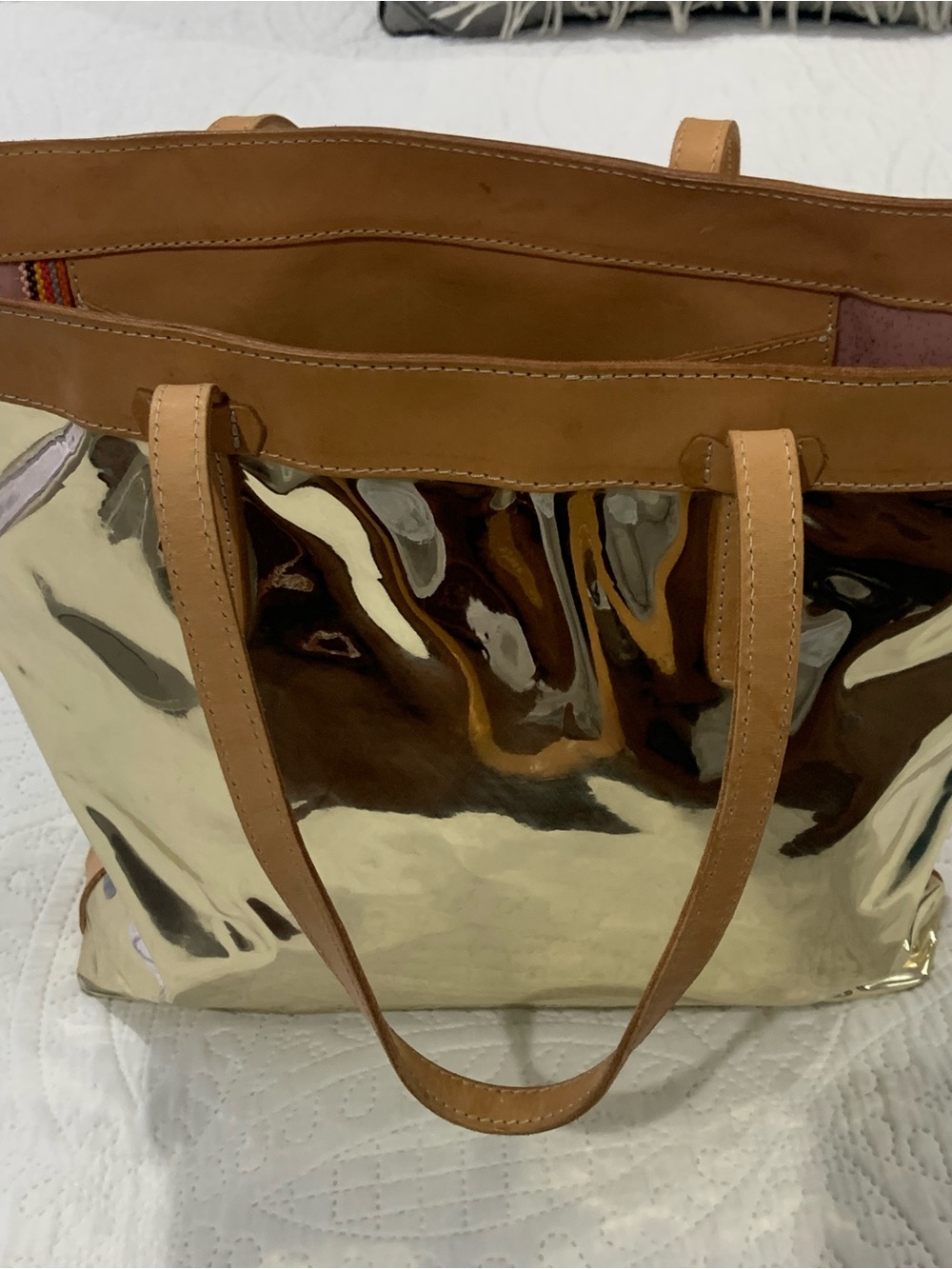 Consuela Shiny Gold Tote with Tan Trim - Picture 2 of 14